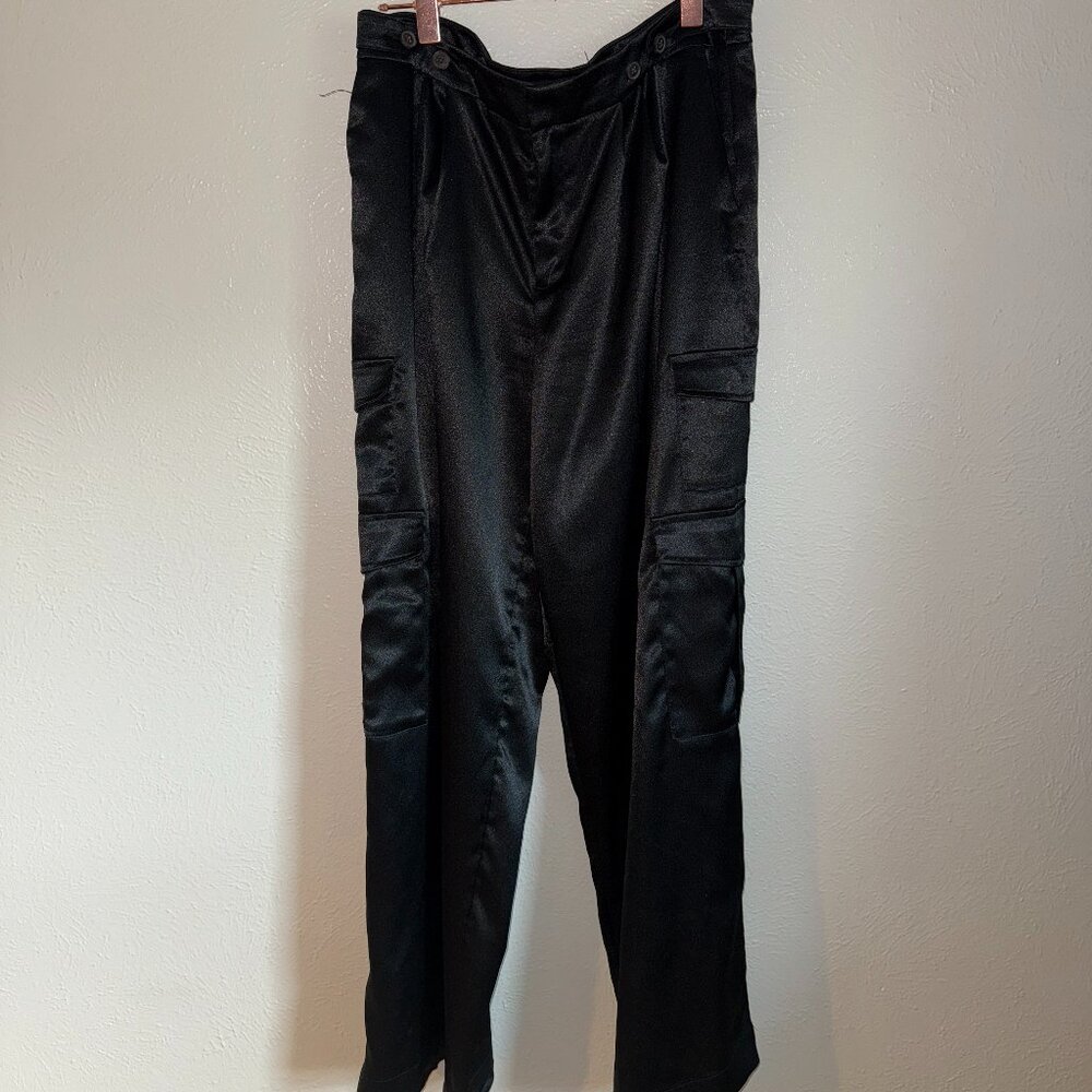 A New Day Cargo Wide Leg Silk Pants Women Size 12 High rise Pleated Front Zipper